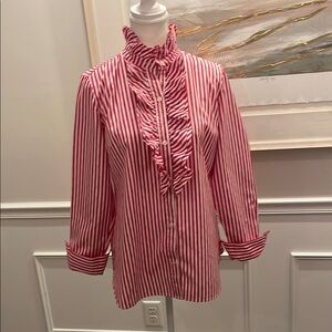 Vineyard Vines 6 Red Candy Striped Ruffled Blouse w/ Embossed Polka Dots